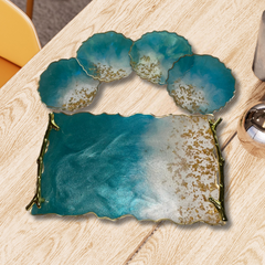 Resin Tray and Coaster Set in Sea Blue and Gold Flakes With Set of 4 Geode Agate Coasters