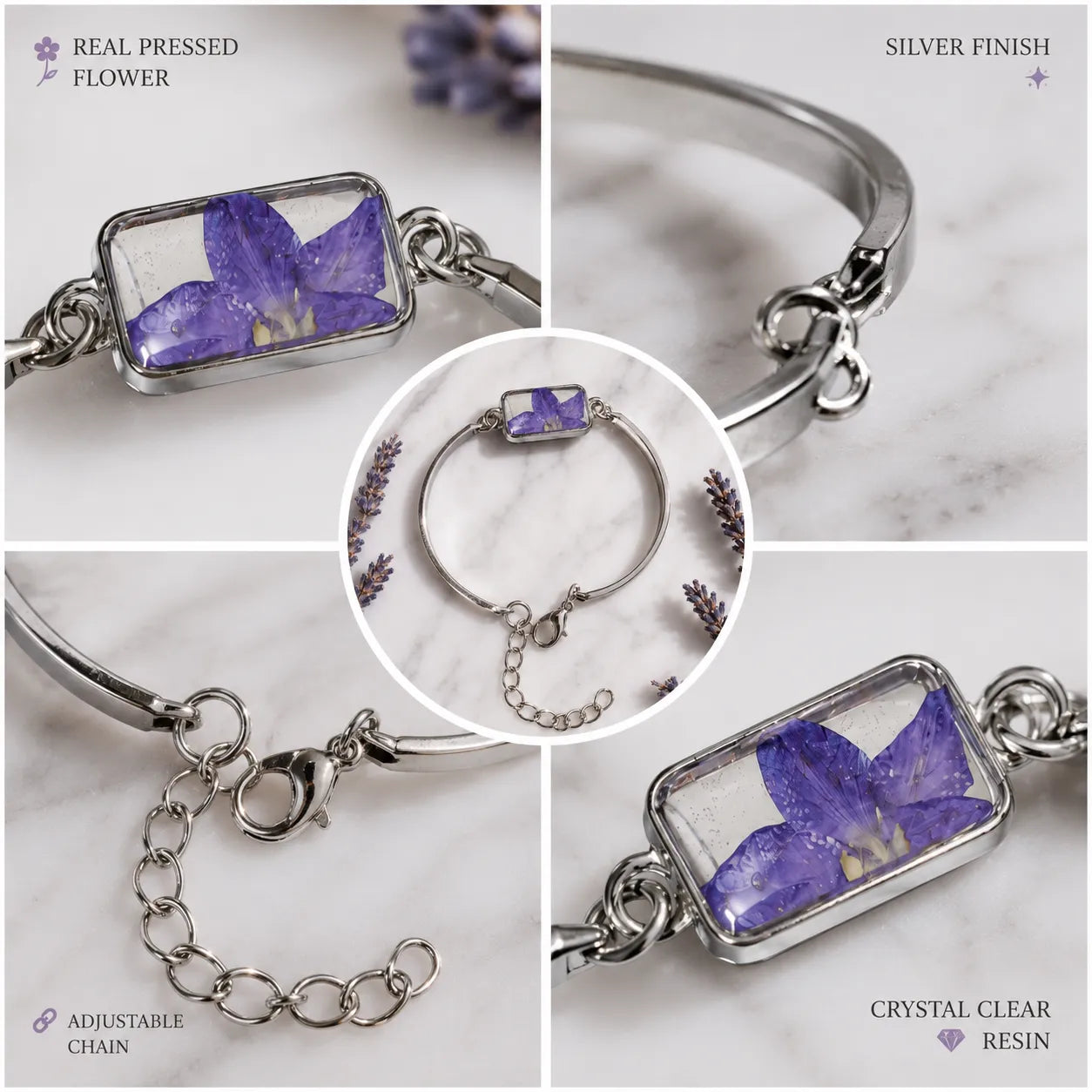 Collage of a bracelet with a real pressed flower and silver finish on a marble background.