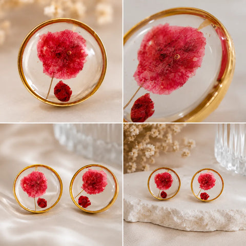 Close-up collage of red floral resin stud earrings with transparent glossy finish, gold border detailing, and handmade botanical flower design