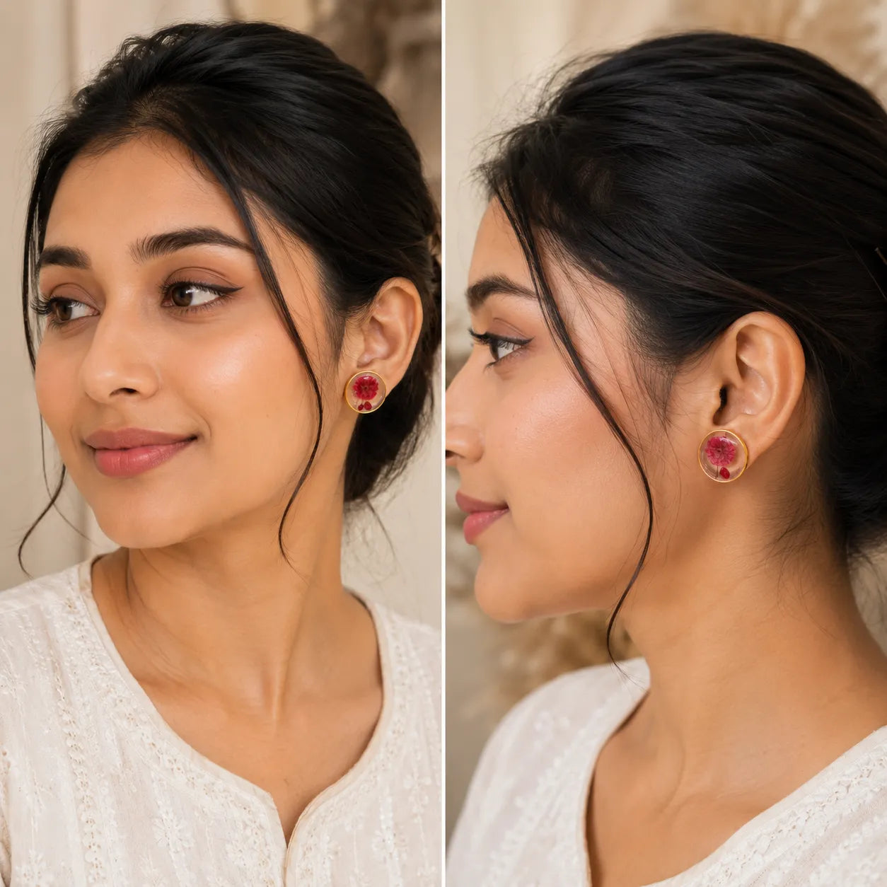 Indian woman wearing red floral resin stud earrings with gold border in a minimal handmade botanical jewellery style