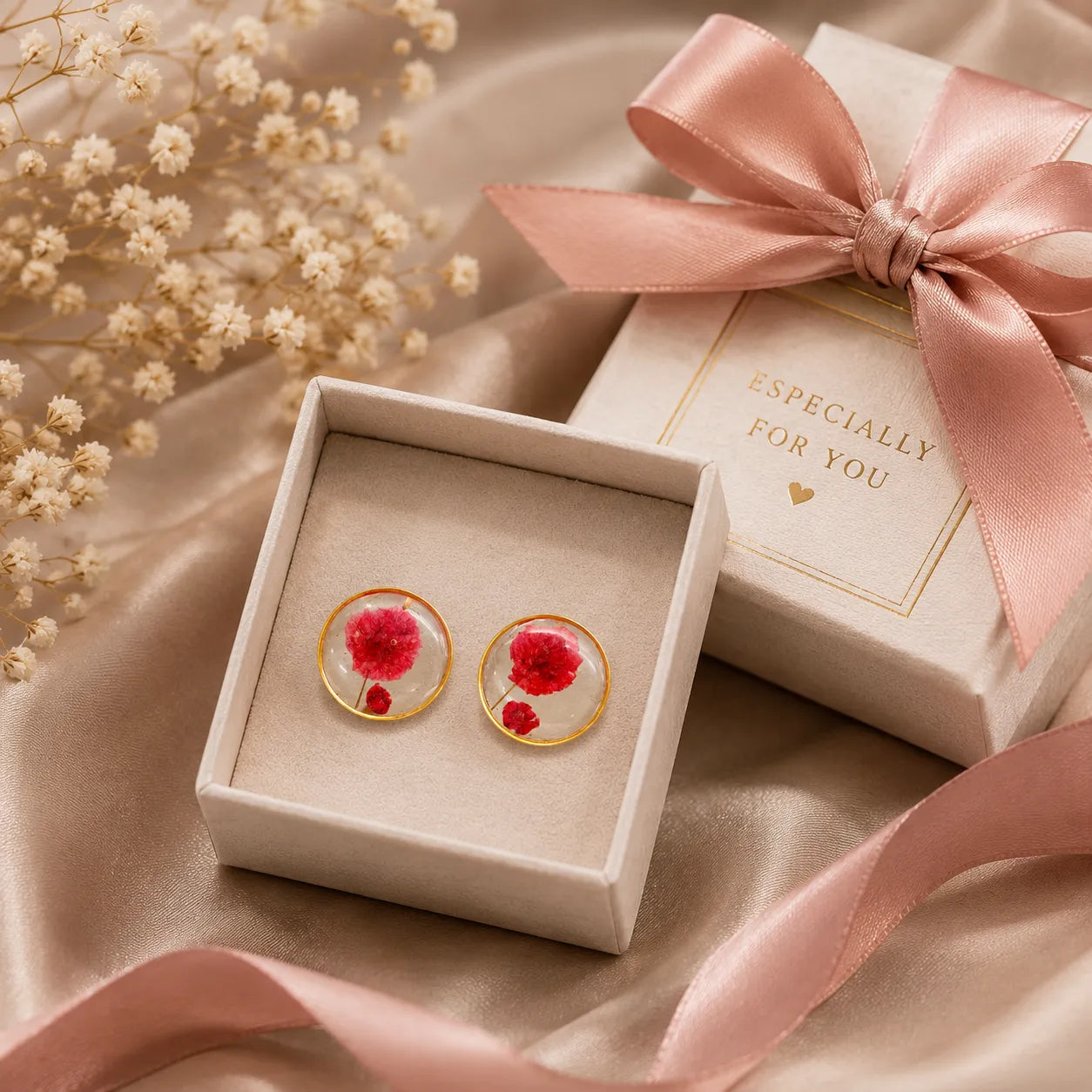 Red floral resin stud earrings with gold border displayed in a premium gift box setup with pink ribbon and elegant luxury background
