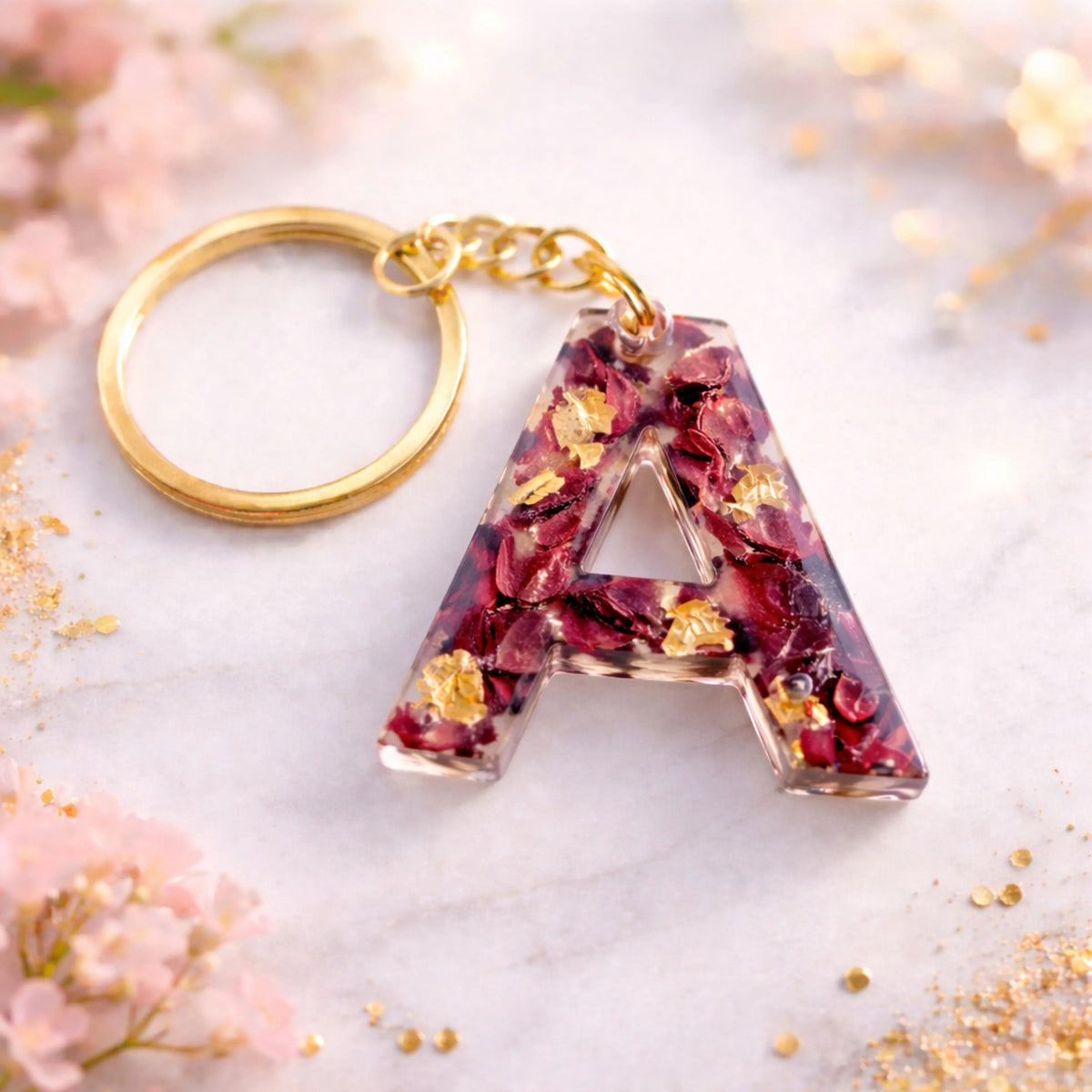 Resin alphabet A keychain with dried rose petals and gold flakes, handmade personalized initial keychain gift
