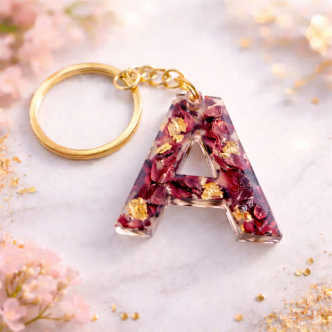 Resin alphabet A keychain with dried rose petals and gold flakes, handmade personalized initial keychain gift