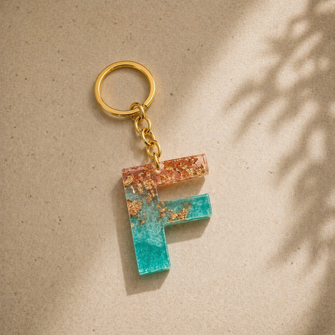 Keychain with a letter 'F' design on a beige background