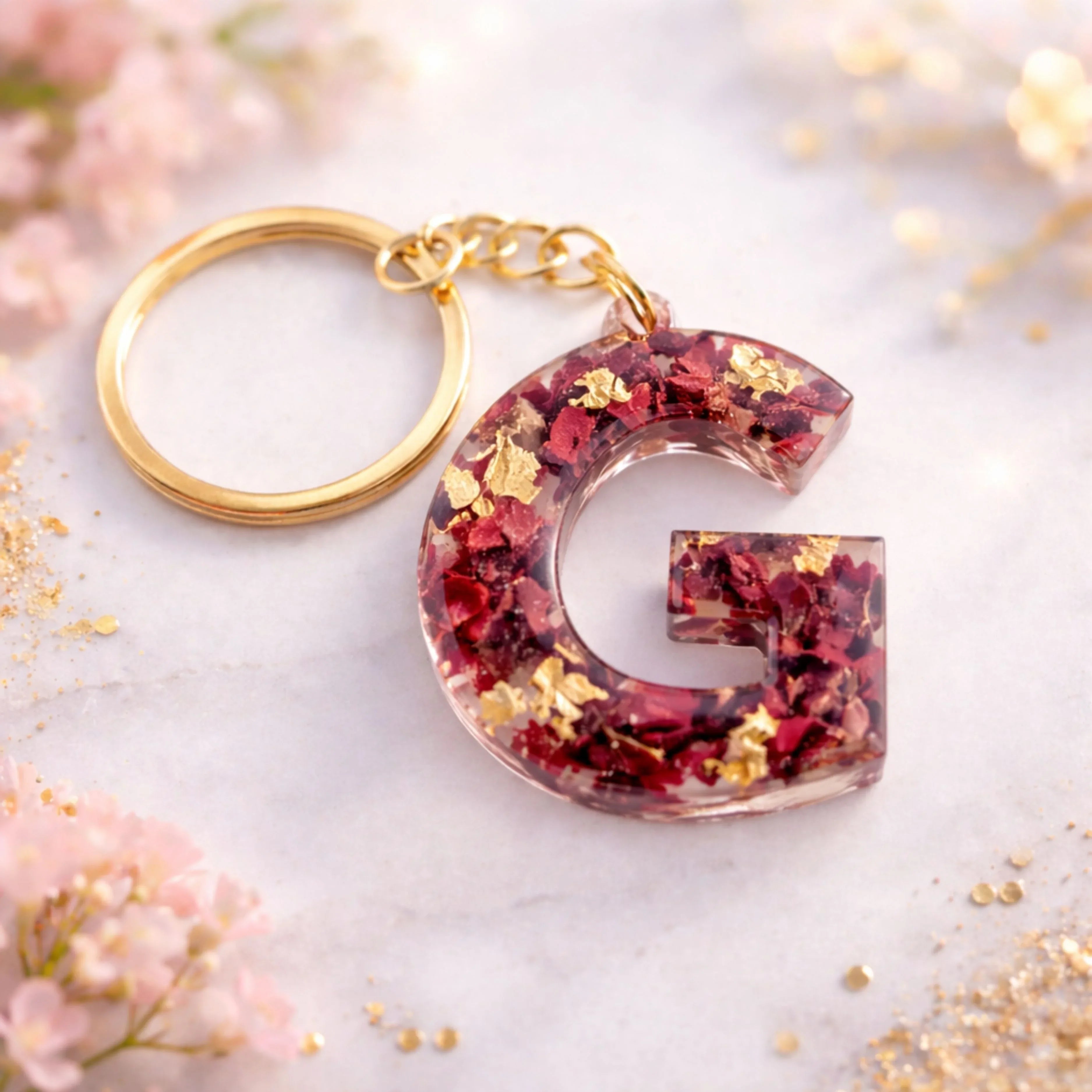 Resin alphabet G keychain with dried rose petals and gold flakes, handmade personalized initial keychain gift
