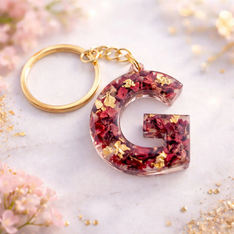 Resin alphabet G keychain with dried rose petals and gold flakes, handmade personalized initial keychain gift