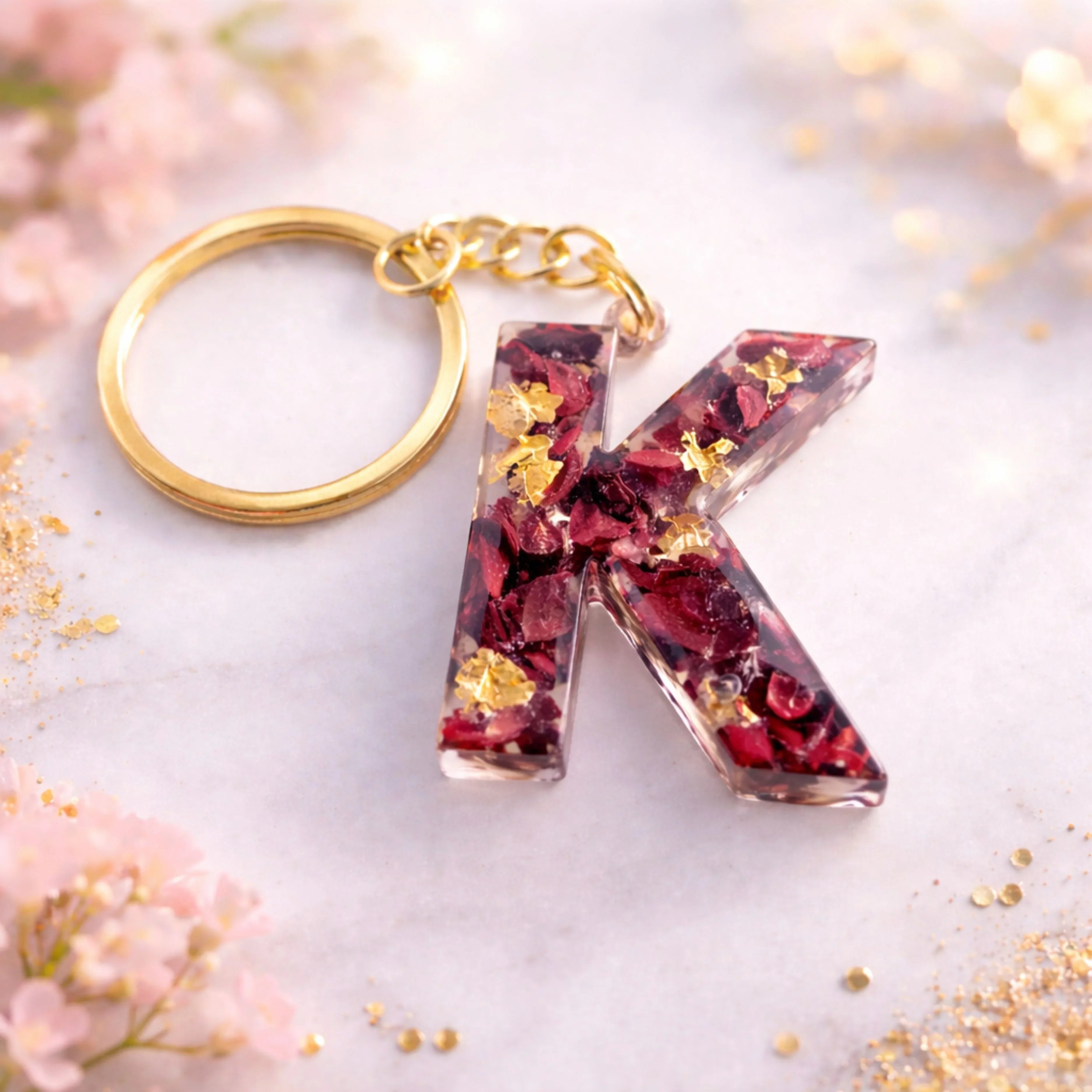 Resin alphabet K keychain with dried rose petals and gold flakes, handmade personalized initial keychain gift