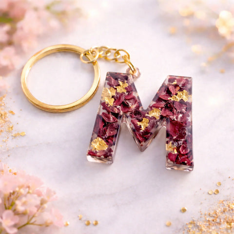 Resin alphabet M keychain with dried rose petals and gold flakes, handmade personalized initial keychain gift