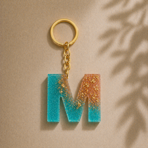 Keychain with a letter 'M' charm on a beige background