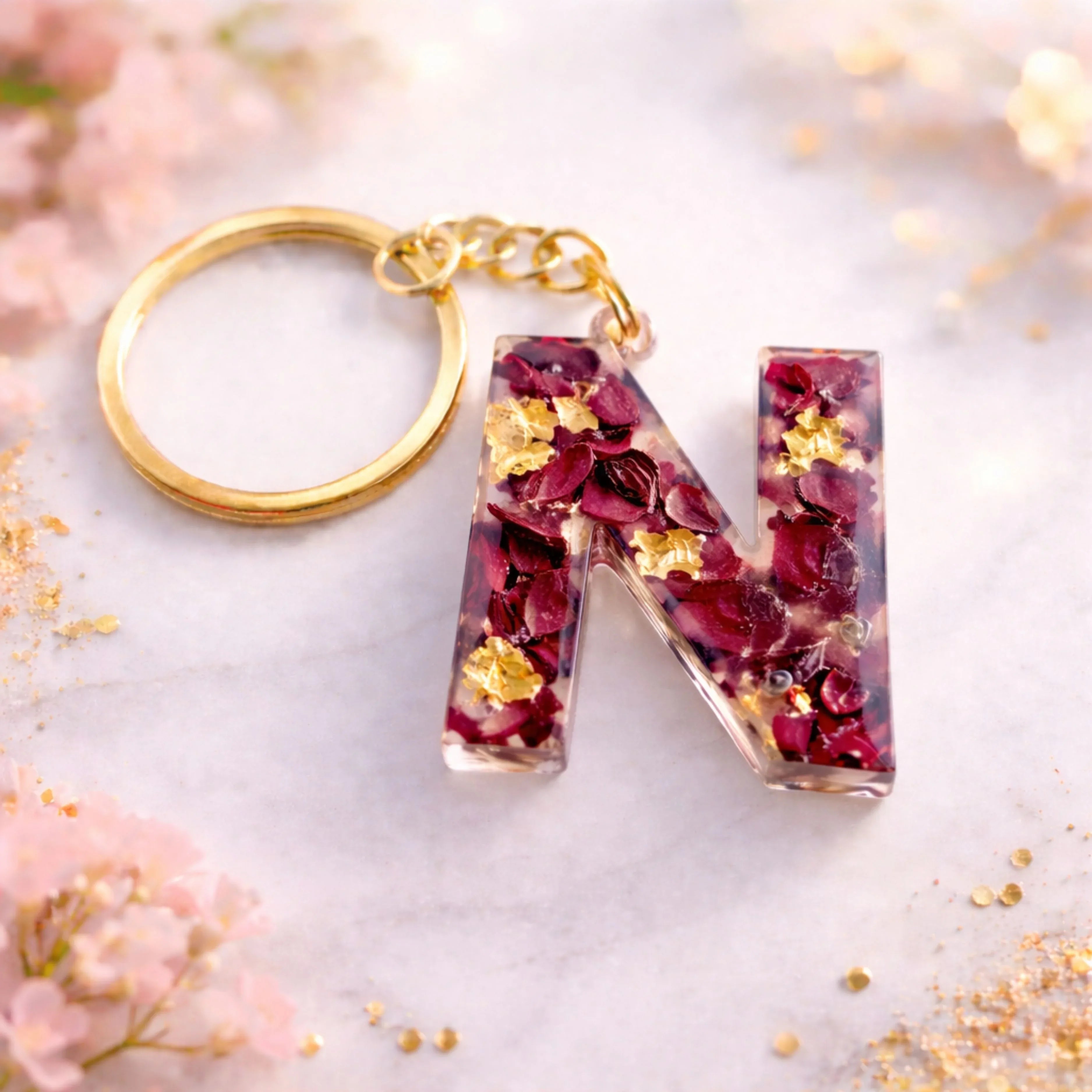Resin alphabet N keychain with dried rose petals and gold flakes, handmade personalized initial keychain gift