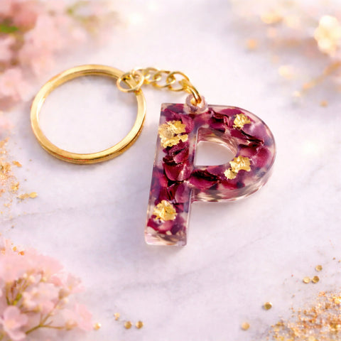 Resin alphabet P keychain with dried rose petals and gold flakes, handmade personalized initial keychain gift