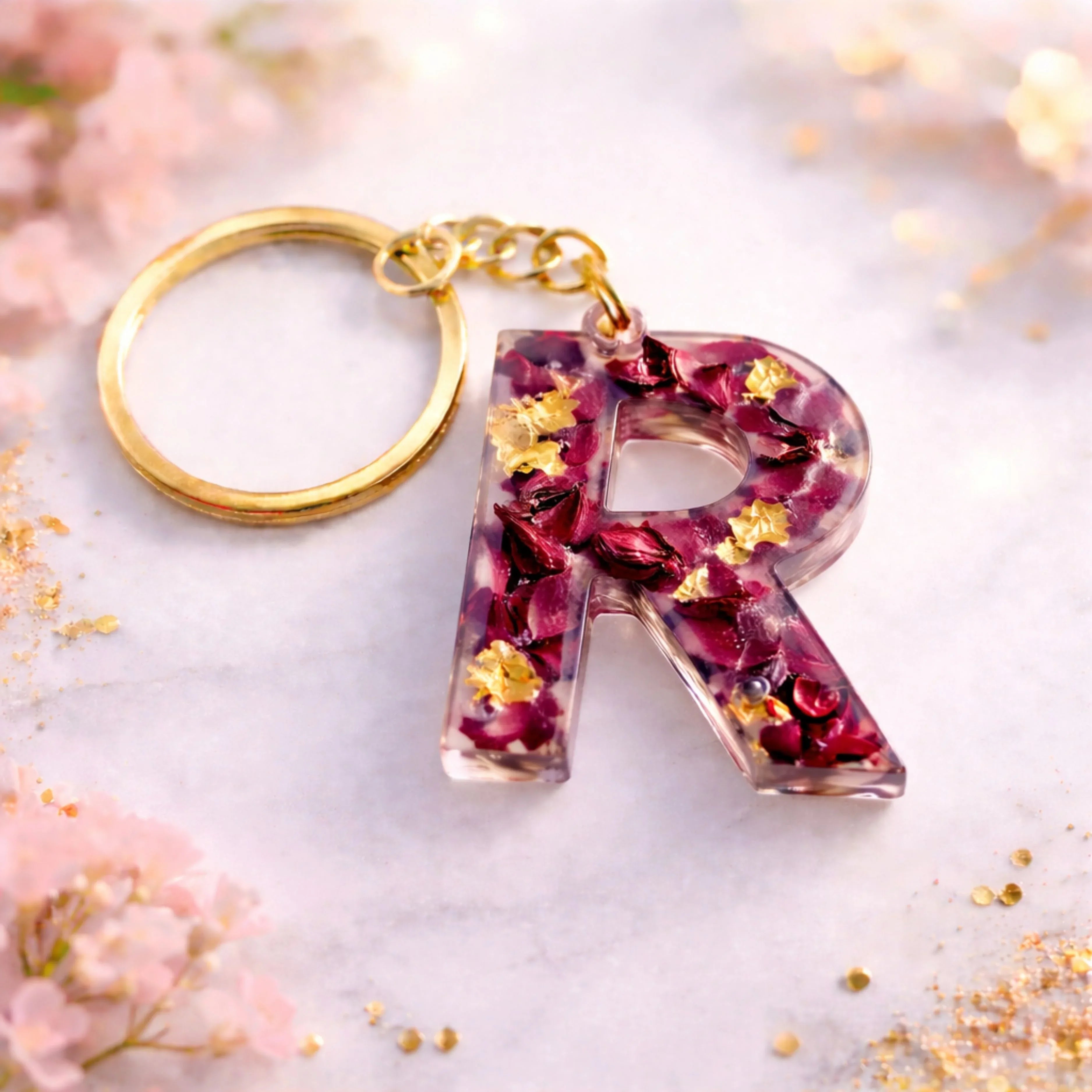 Resin alphabet R keychain with dried rose petals and gold flakes, handmade personalized initial keychain gift
