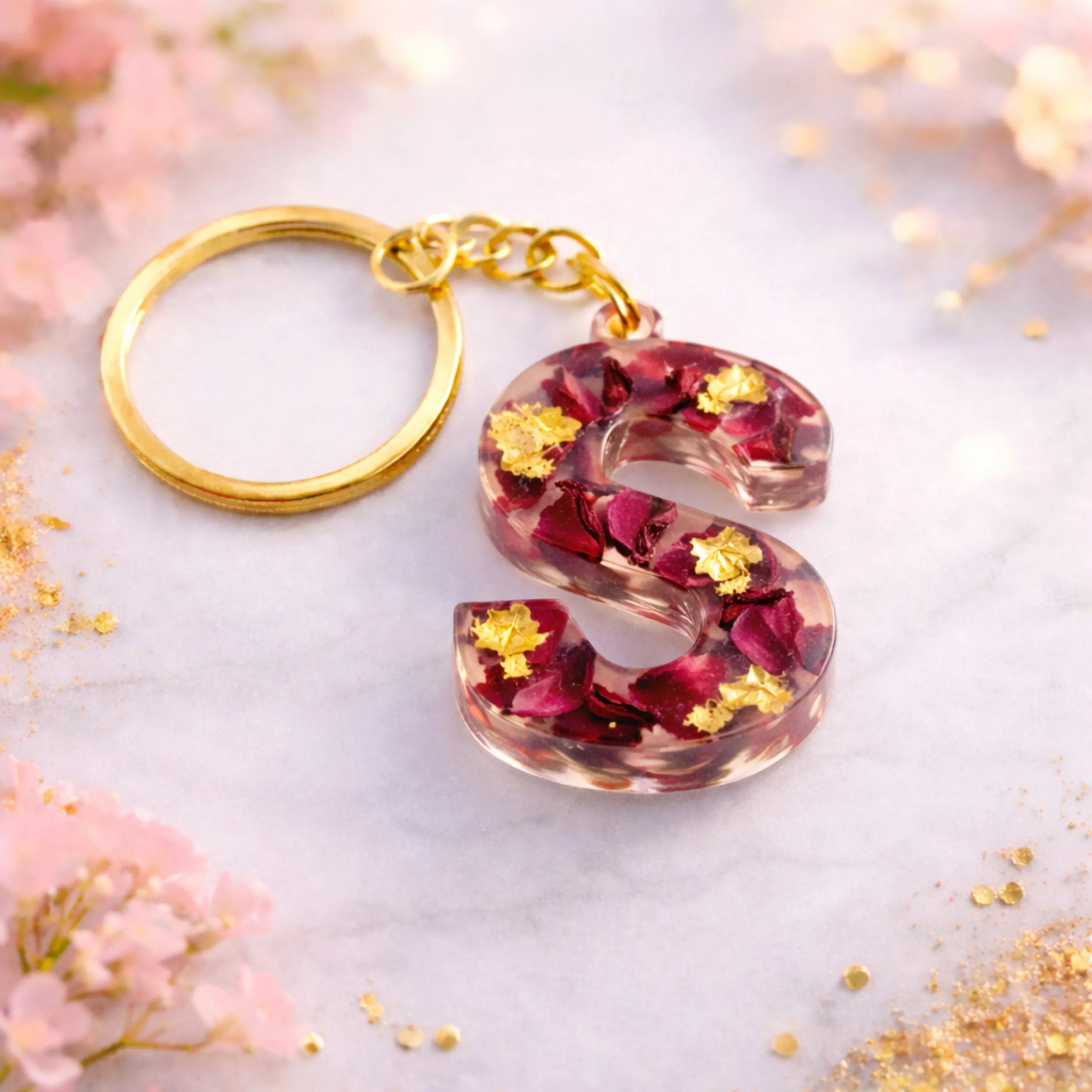 Resin alphabet S keychain with dried rose petals and gold flakes, handmade personalized initial keychain gift
