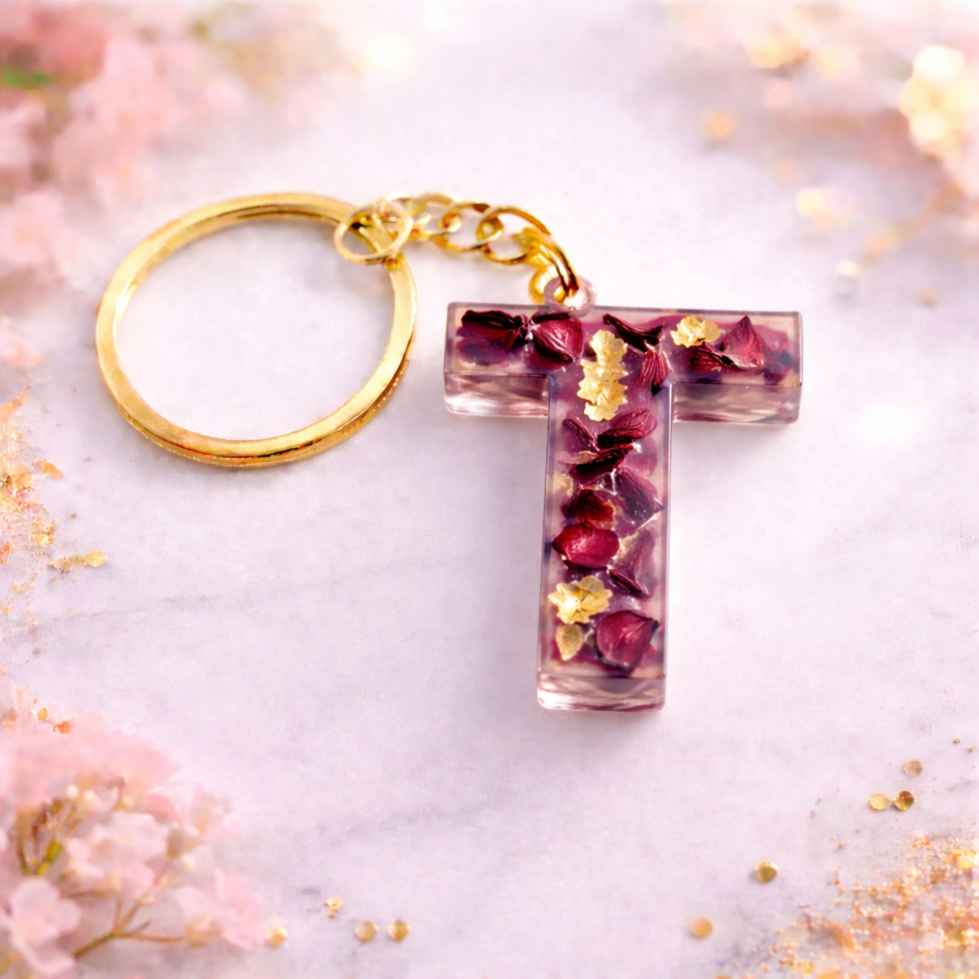 Resin alphabet T keychain with dried rose petals and gold flakes, handmade personalized initial keychain gift
