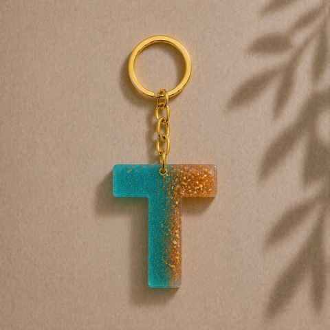 Keychain with a blue and gold letter 'T' on a beige background