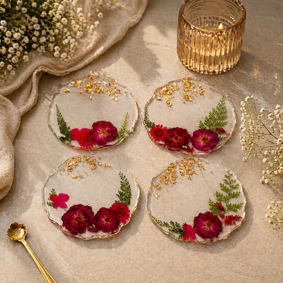 resin dried flower coaster set with gold flakes set of 4 handmade floral table decor