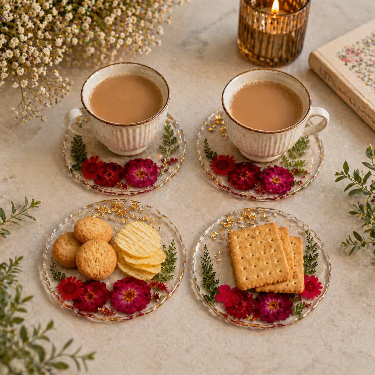 resin dried flower coaster set with gold flakes in use with tea cups and snacks floral table decor