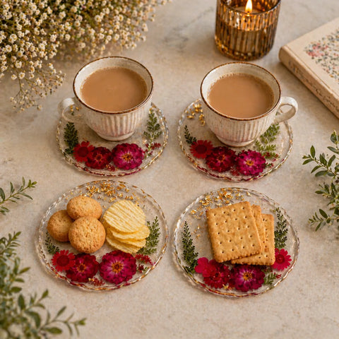 resin dried flower coaster set with gold flakes in use with tea cups and snacks floral table decor