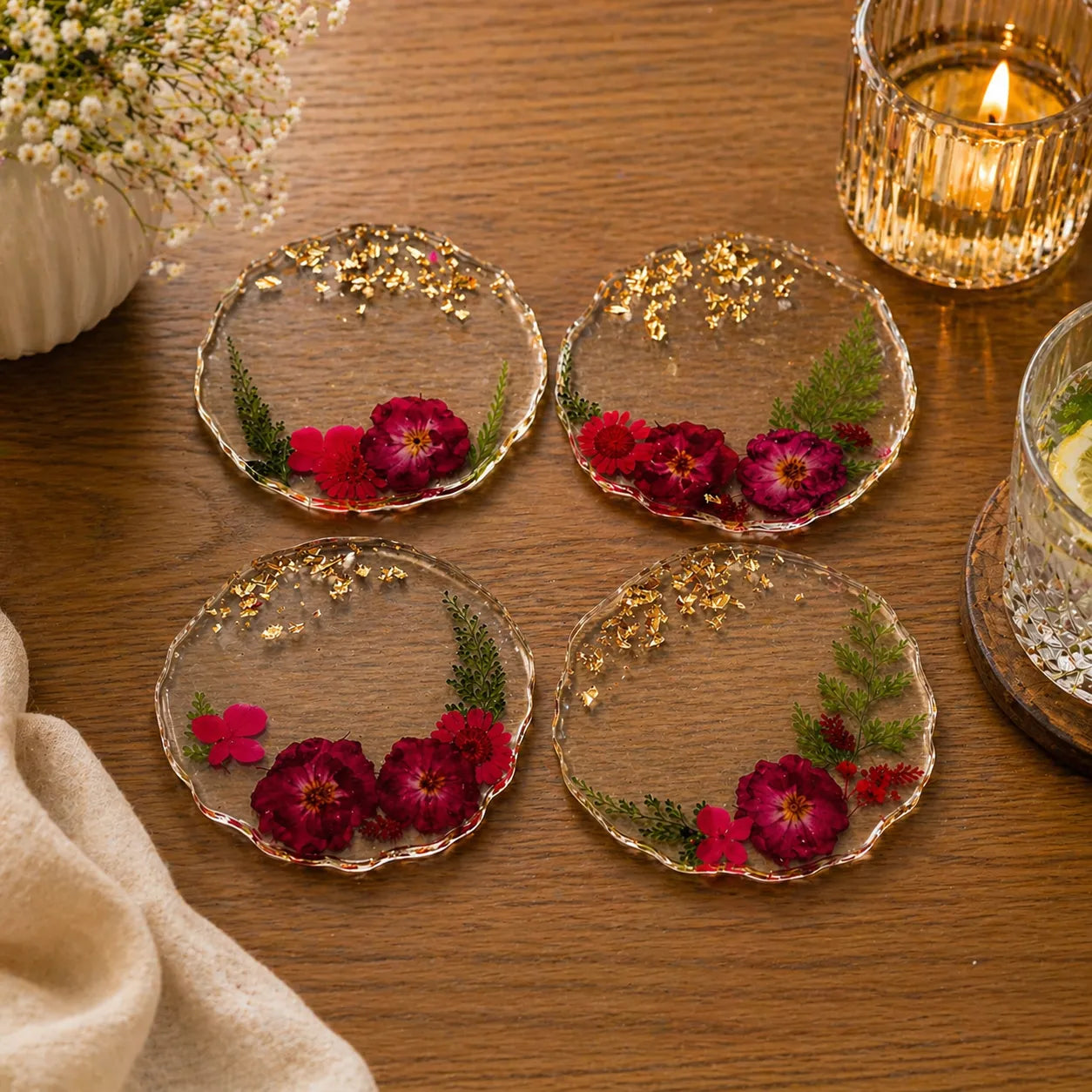 resin dried flower coaster set with gold flakes set of 4 on wooden table floral handmade decor