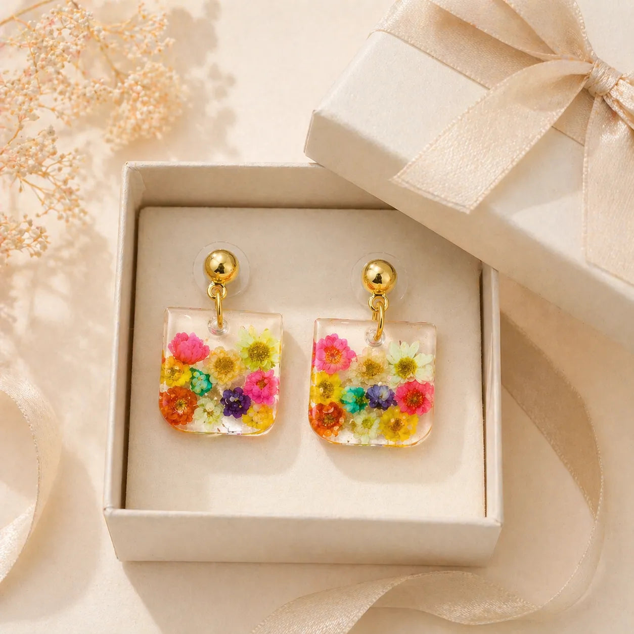 Colorful floral earrings in a box with a decorative background