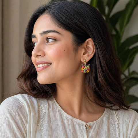 Resin Multicolour Dried Flower Square Drop Earrings