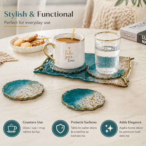 Coasters with a cup of coffee and a glass of water on a table, with text highlighting their features.