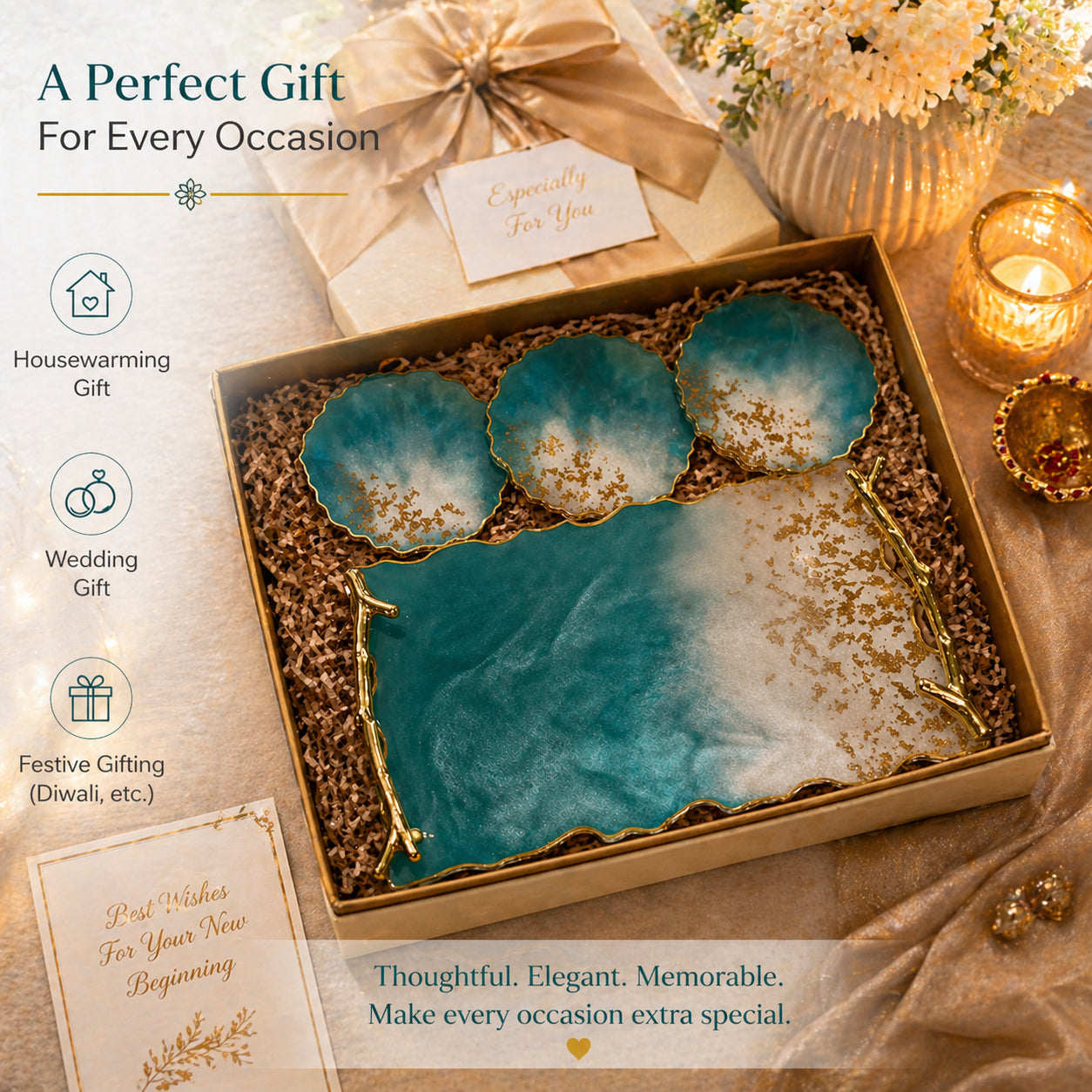 Decorative turquoise plates with gold accents in a gift box, surrounded by candles and cards on a decorative surface.