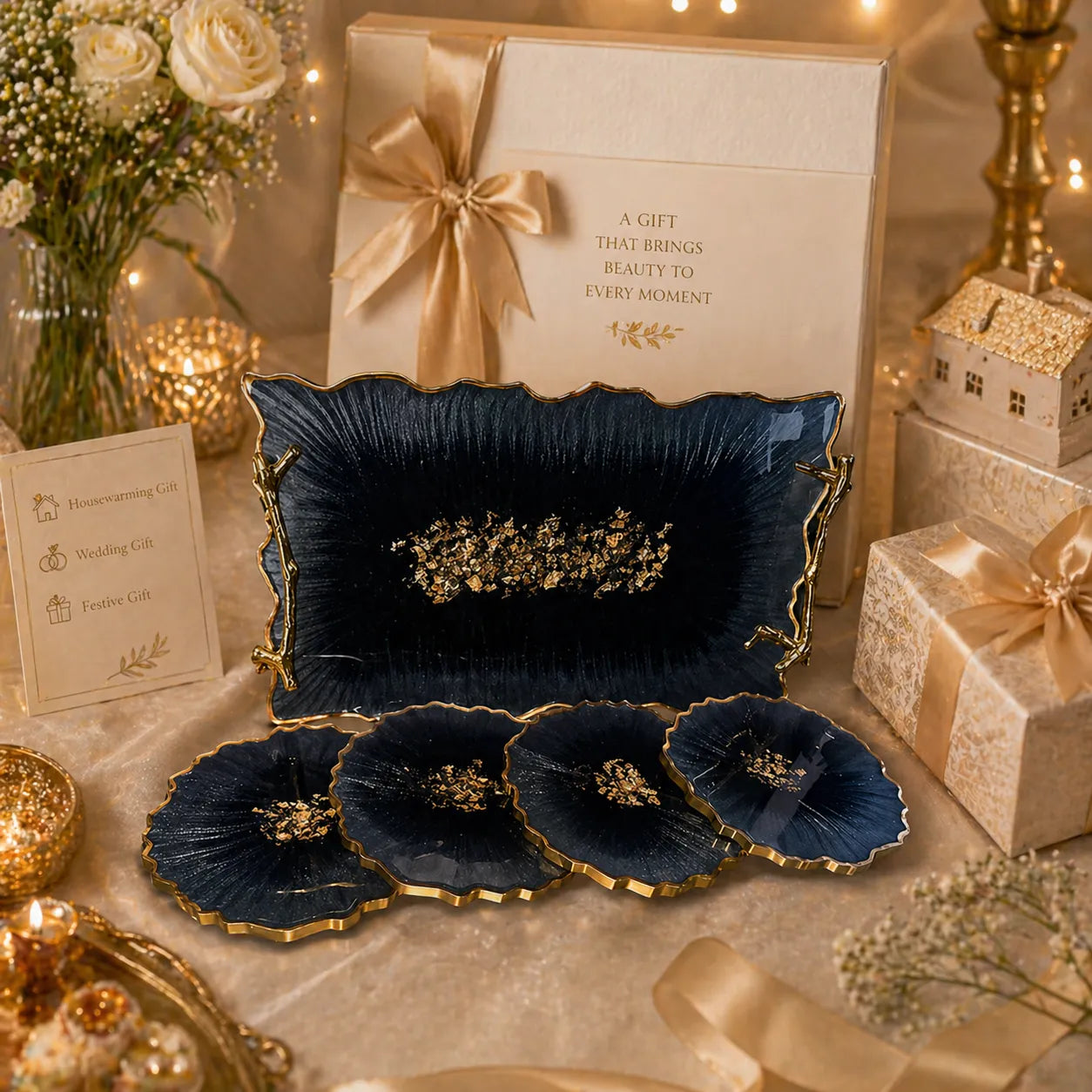 dark blue resin tray with 4 geode coasters luxury gift set with gold decor festive packaging setup