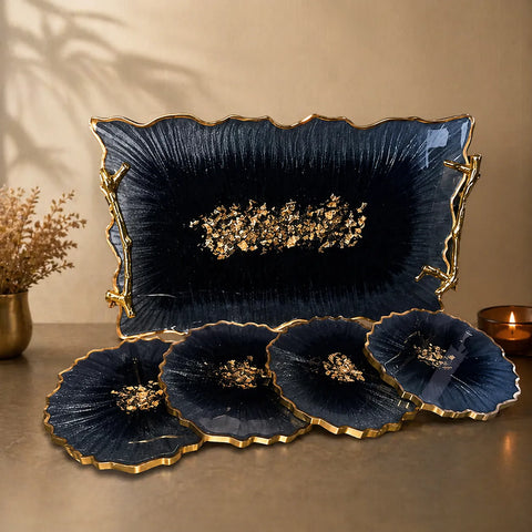 dark blue resin serving tray with gold handles and 4 matching geode coasters luxury table decor set