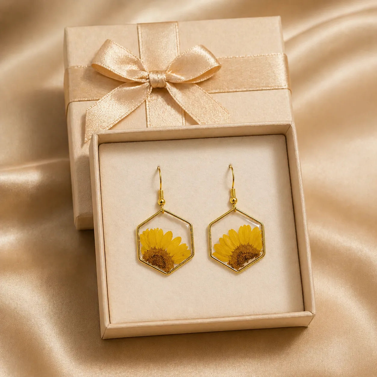 Gold earrings with hexagonal design featuring dried flowers in a beige gift box with a bow.