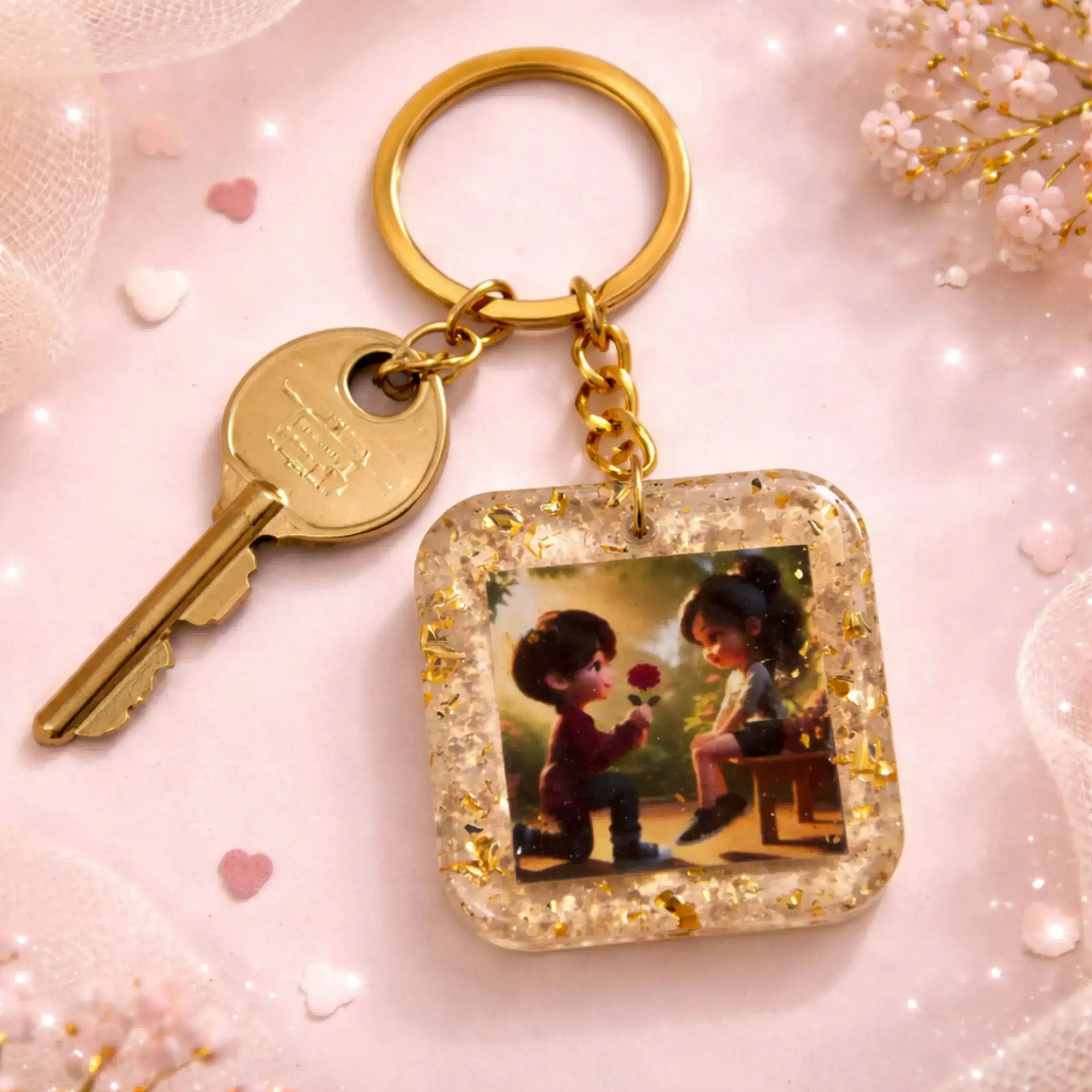 Keychain with a romantic illustration of a man on one knee, featuring a key and gold chain on a pink background.