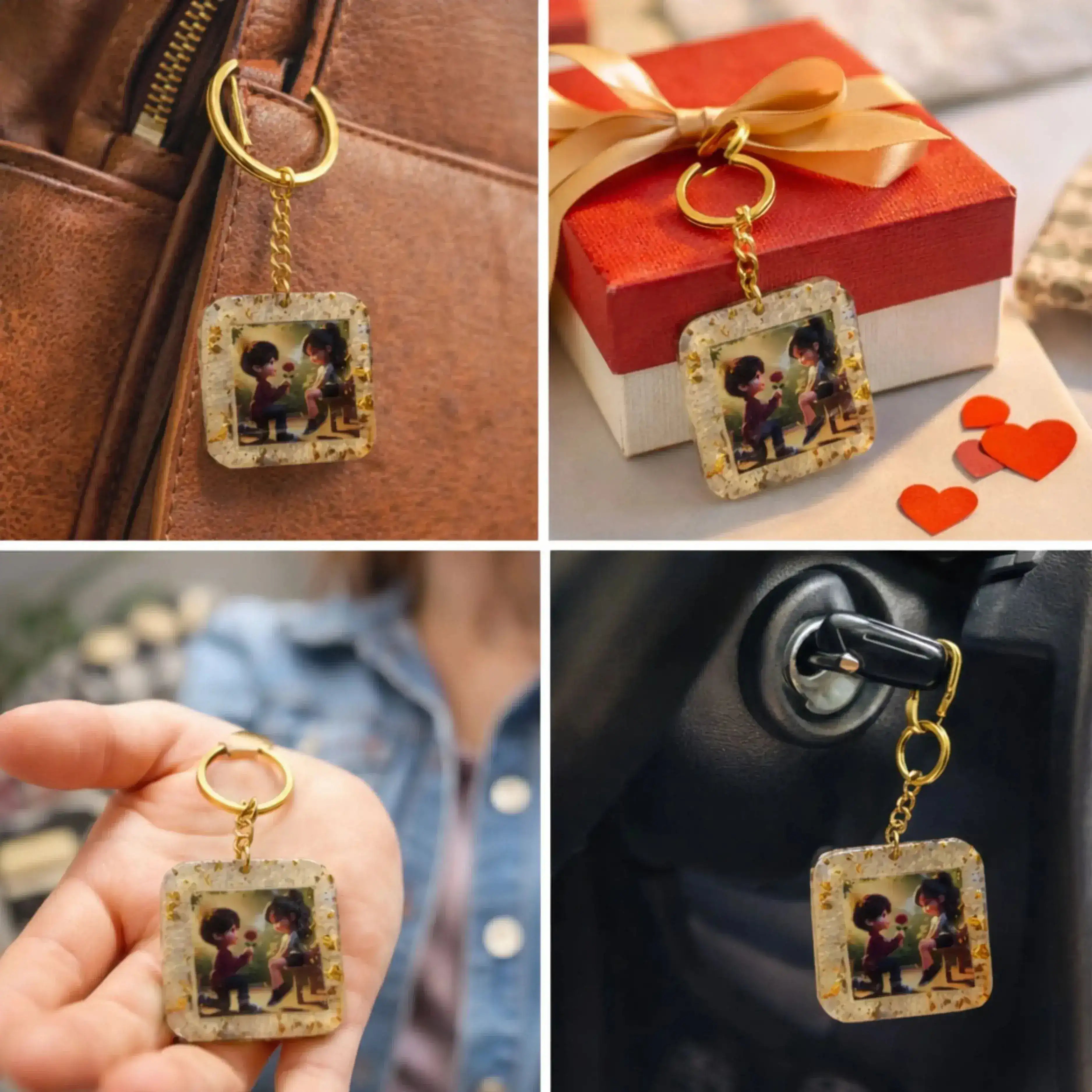 Keychain with photo charm displayed on a bag, gift box, held in hand, and attached to a car key.