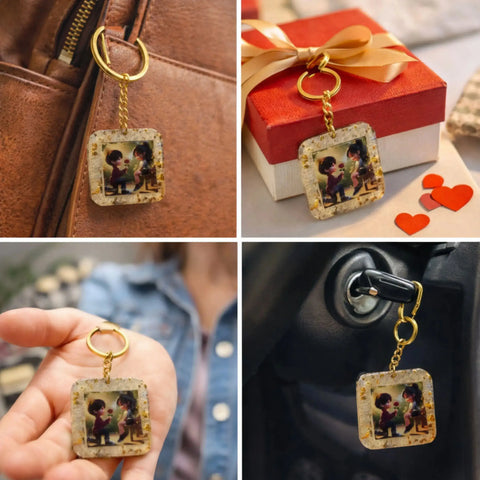 Keychain with photo charm displayed on a bag, gift box, held in hand, and attached to a car key.