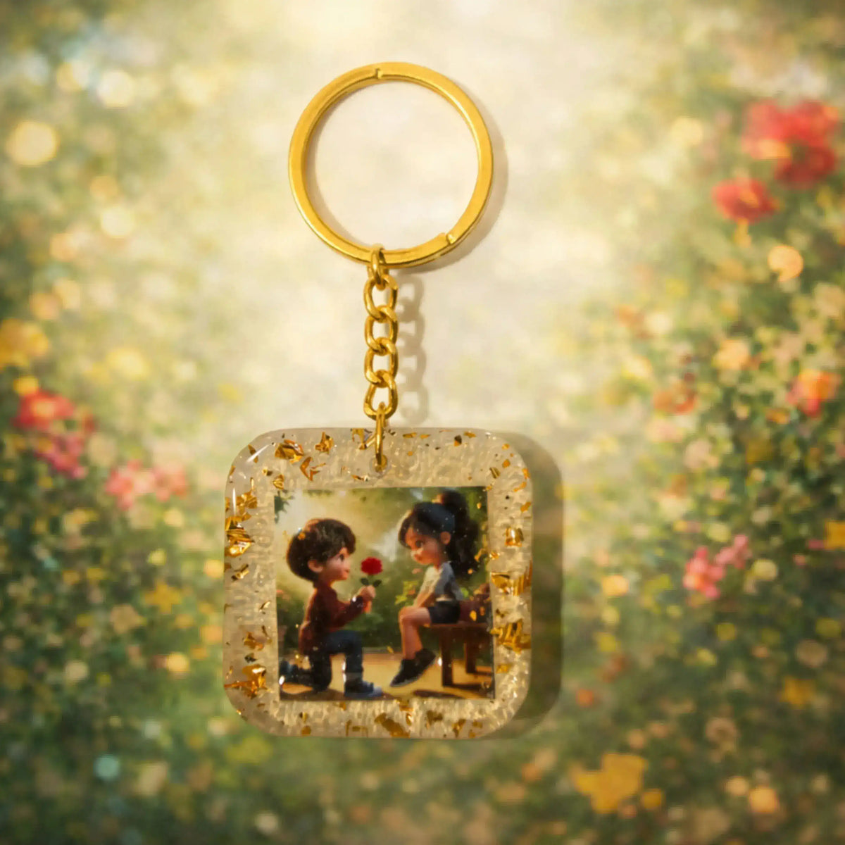 Couple proposal square resin photo keychain with gold flakes, romantic handmade personalized keychain gift