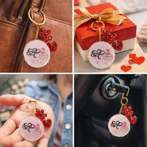 Decorative keychain with heart-shaped beads on a brown bag, red box, and car door handle.