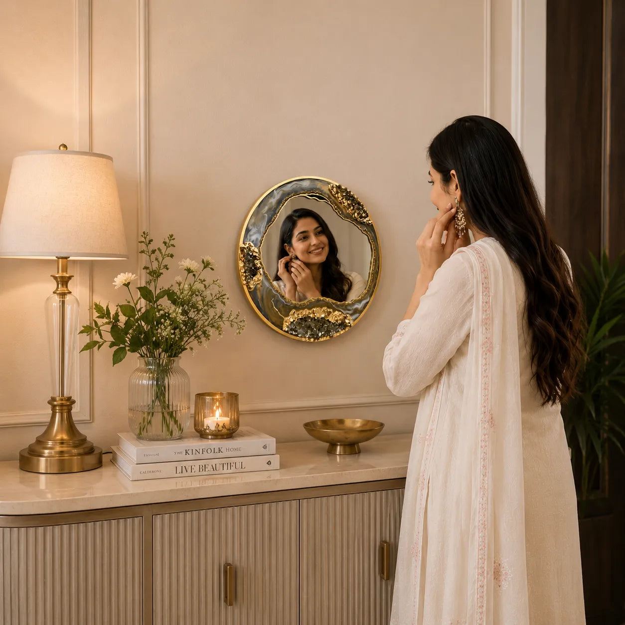 Woman adjusting earrings in front of a decorative mirror in a stylish room.