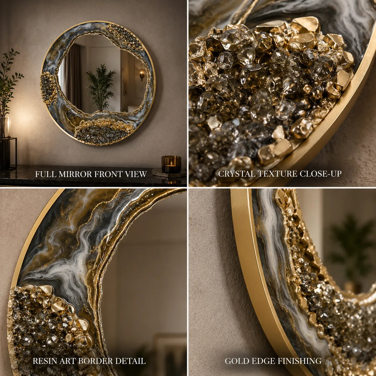 Collage of a decorative mirror with gold and crystal accents, showing different views and details.