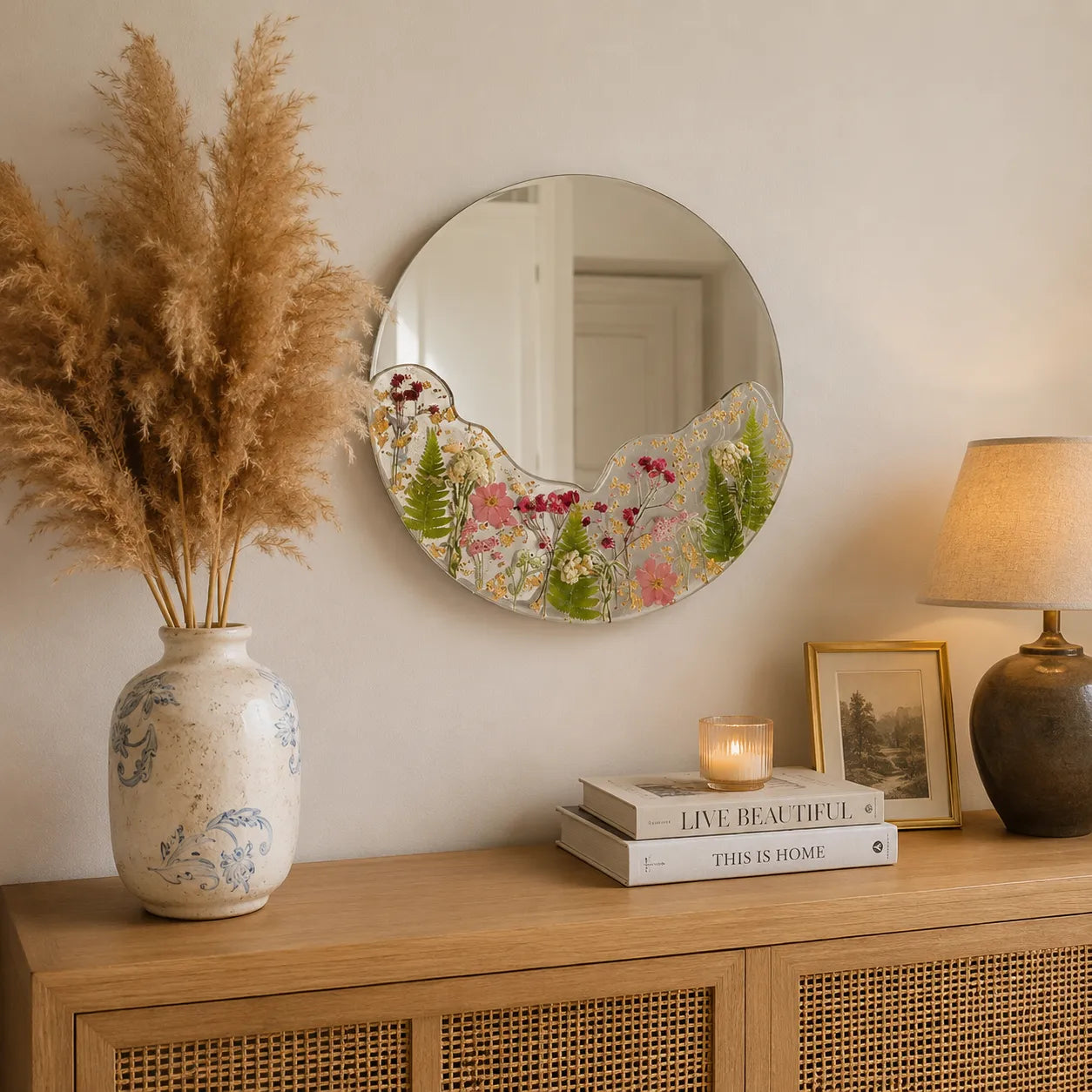 Decorative mirror with floral design on a wooden console table with books, a vase, and a lamp.