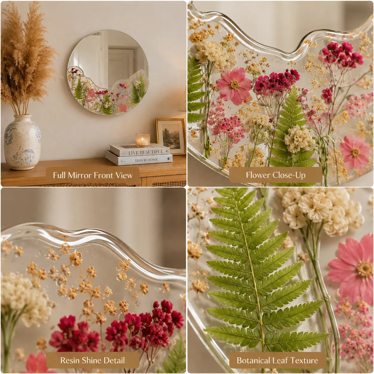 Collage of decorative mirror with floral and botanical elements, including close-up details.