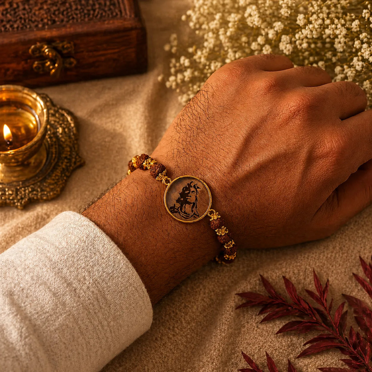 Hand wearing a decorative bracelet with a candle and flowers in the background