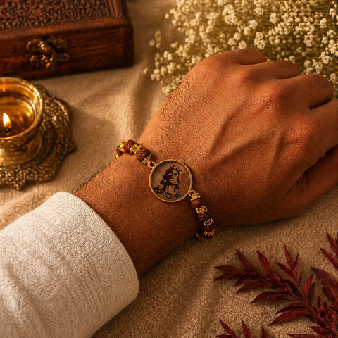 Hand wearing a decorative bracelet with a candle and flowers in the background