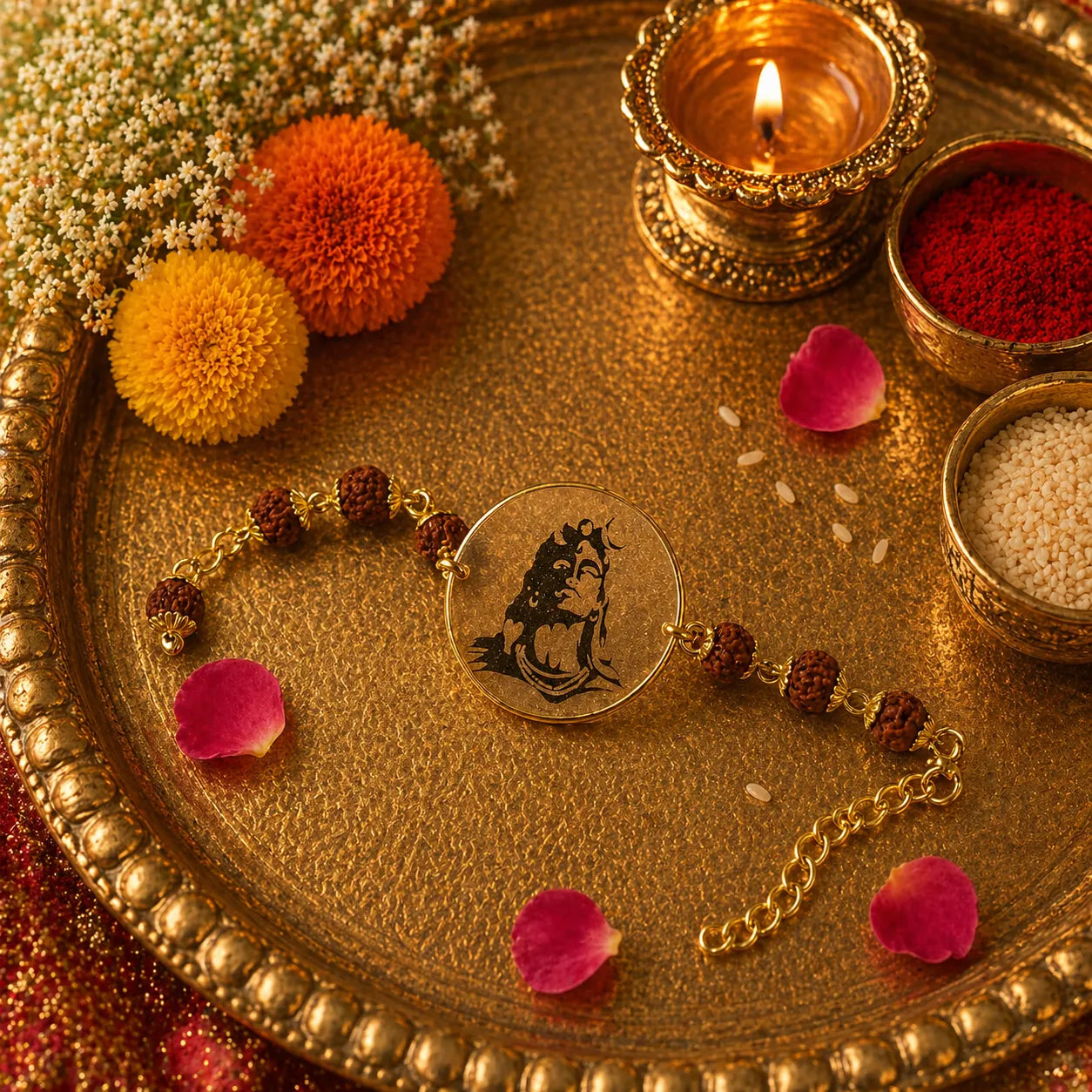 Bracelet with a circular charm on a decorative tray with flowers and candles