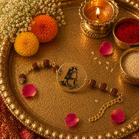 Bracelet with a circular charm on a decorative tray with flowers and candles