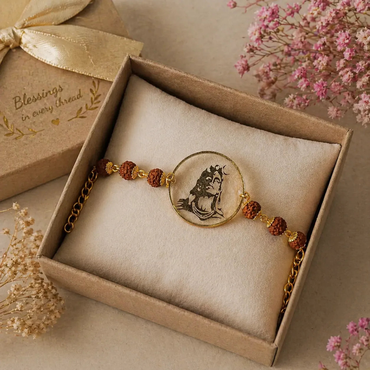 Bracelet with circular design in a decorative box with flowers in the background