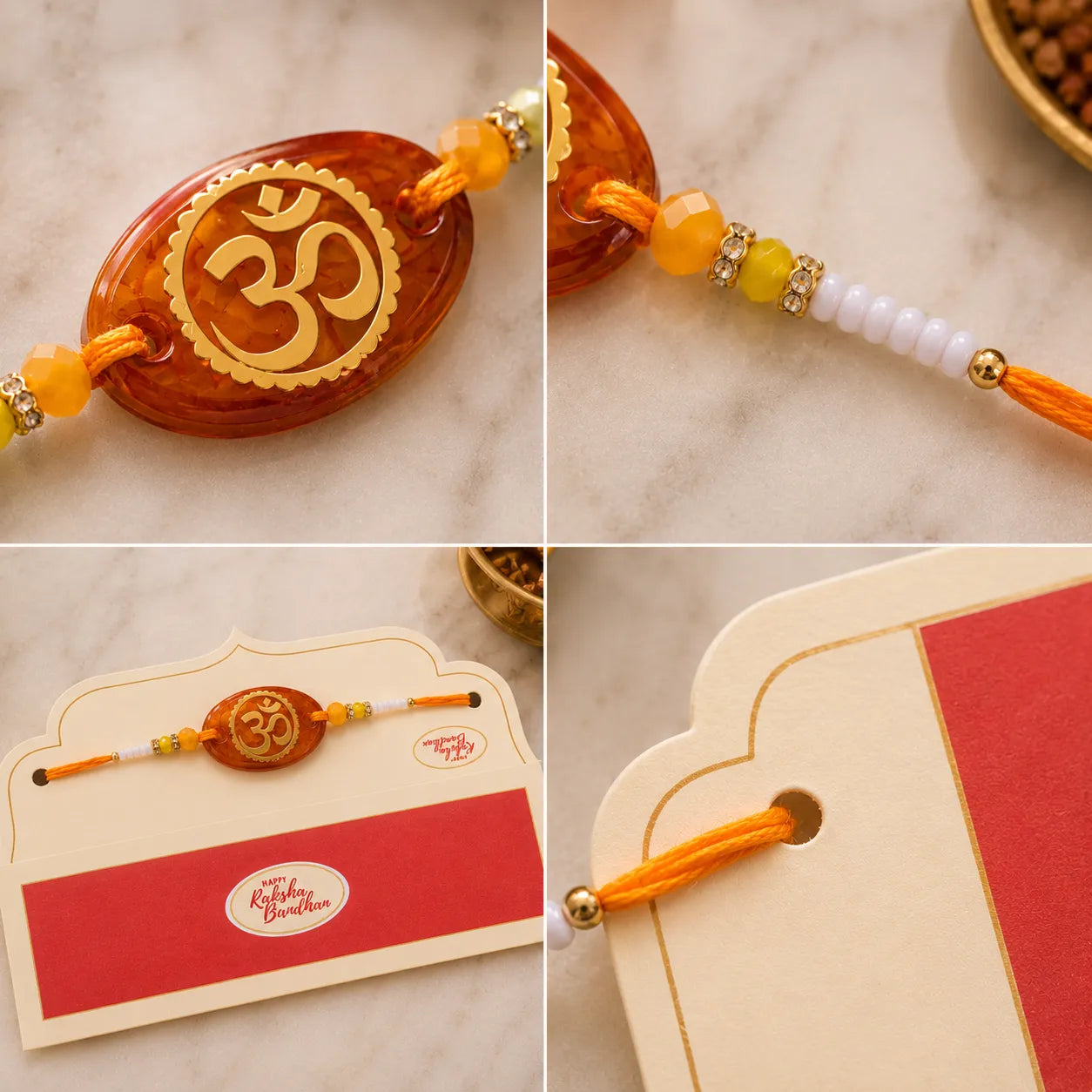 Collage of a traditional Rakhi with decorative elements on a textured surface.