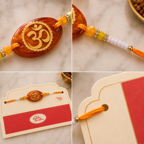 Collage of a traditional Rakhi with decorative elements on a textured surface.