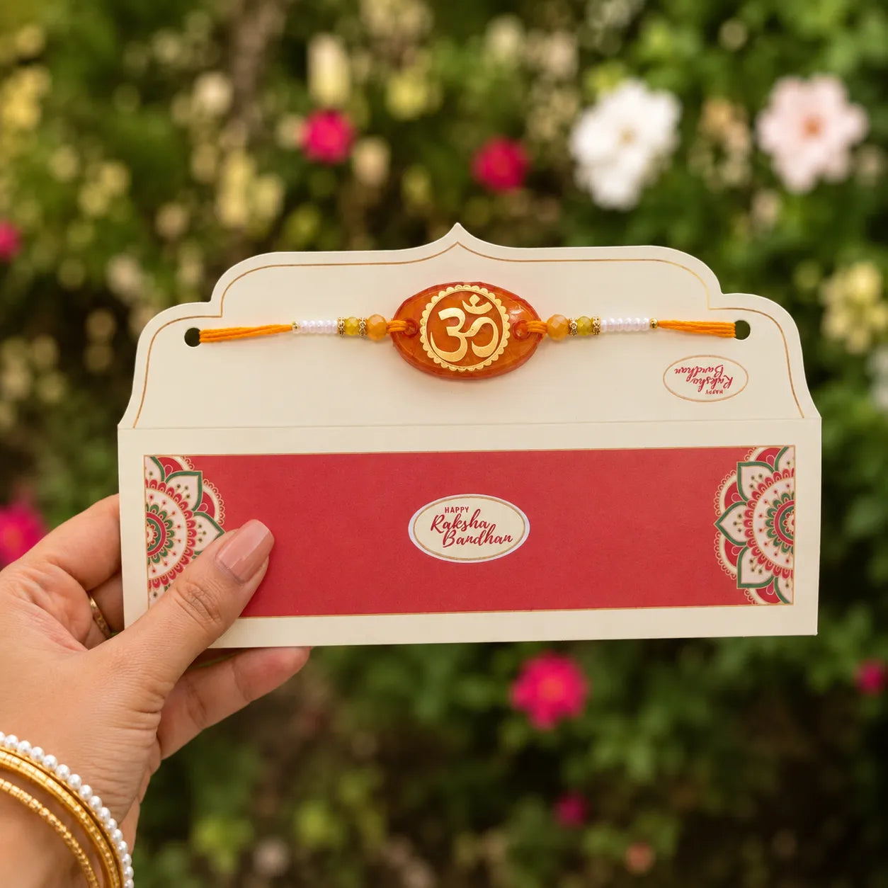 Hand holding a card with a Rakhi on a floral background