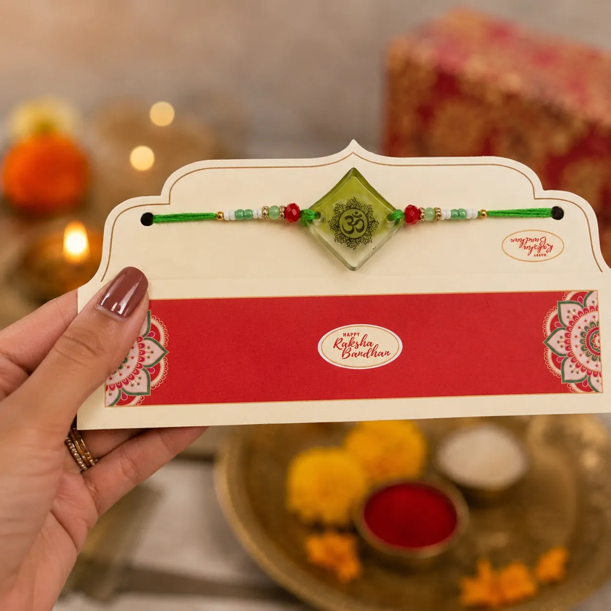 Hand holding a Rakhi with a decorative card against a blurred festive background