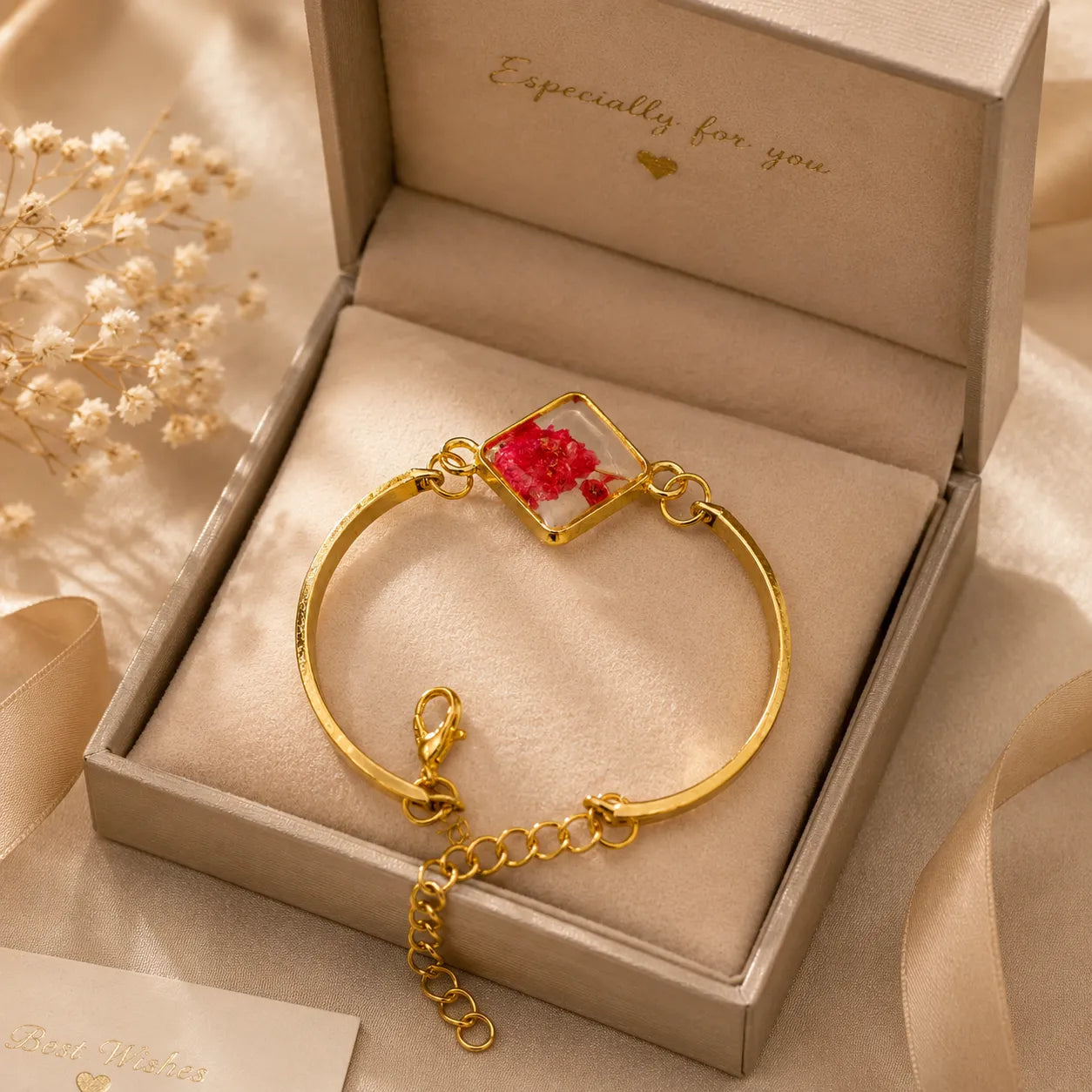 Gold bracelet with a red flower charm in an open jewelry box.
