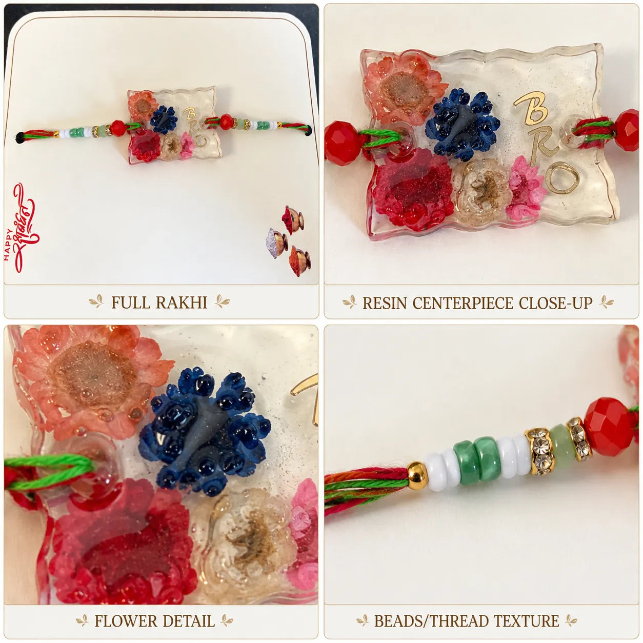 Collage of a decorative Rakhi with floral details and beads on a white background.